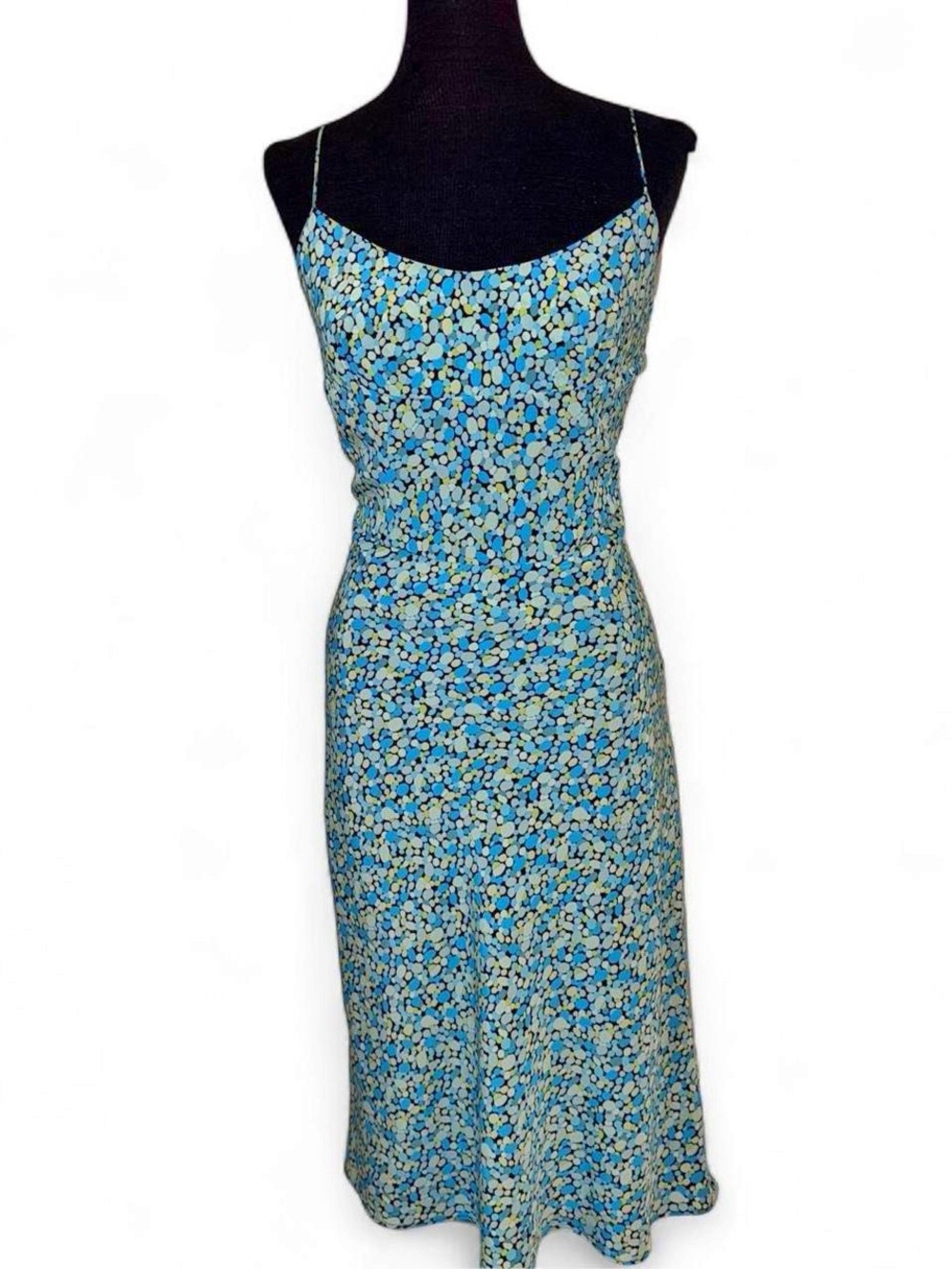 Vintage Y2K Express blue green and white funky dot print midi dress size 5/6